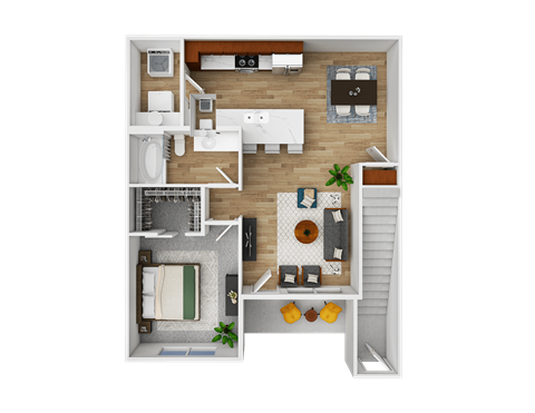 A top-down view of a small apartment with a kitchen, living room, and bathroom.